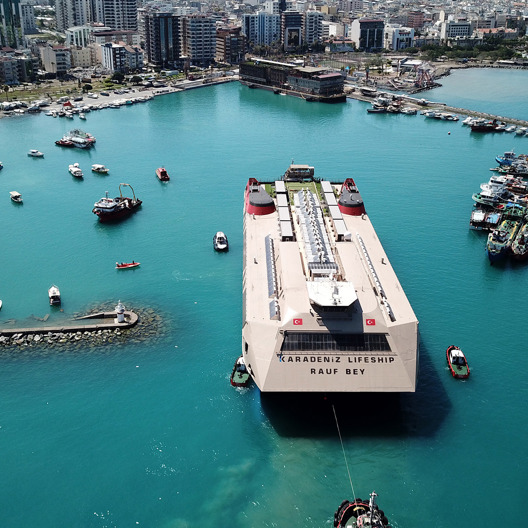 A lifeship is floating at sea.